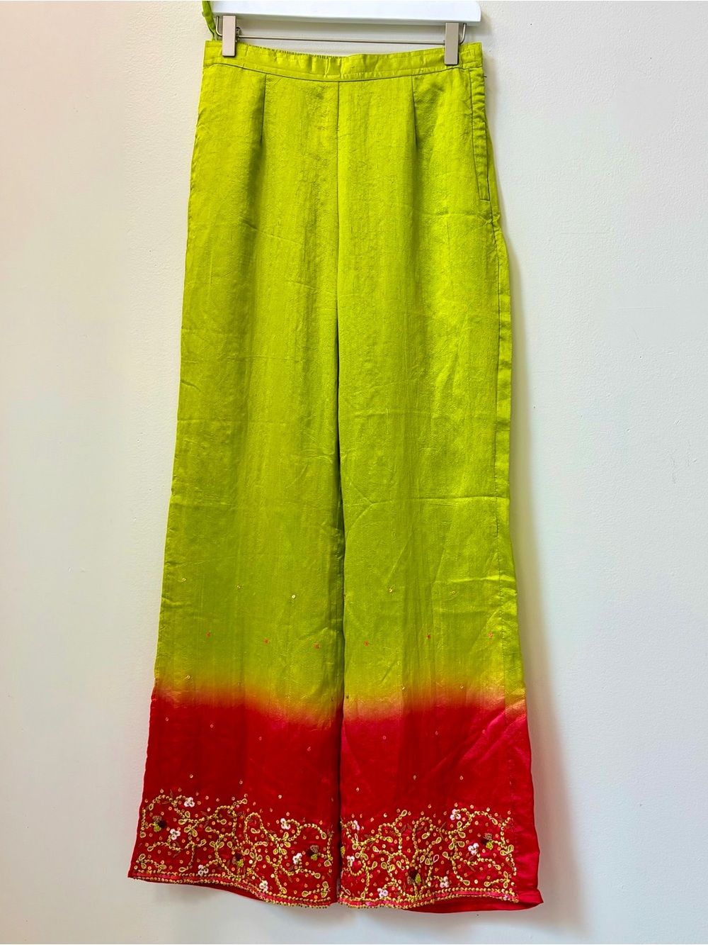 Wide-Leg Embellished Dip-Dye Pants - Lime Green & Red